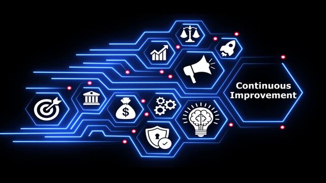 Continuous improvement concept animation with glowing digital icons.
