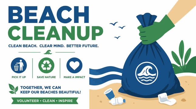 Beach cleanup graphic with volunteer hand holding trash bag and icons promoting environmental action