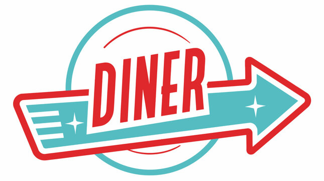 Retro diner sign with arrow pointing right, vintage style graphic element