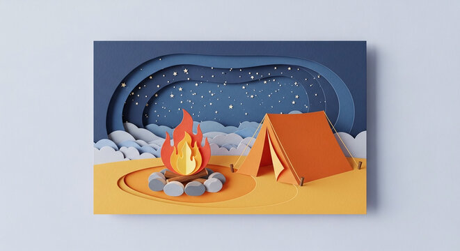 3D paper cut art camping scene with orange tent and fire under stars