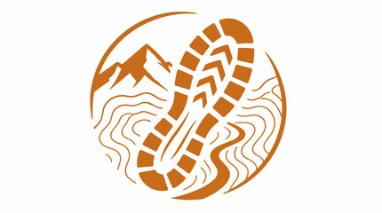Hiking boot footprint graphic element with mountain and river motif, adventure concept © STICH99