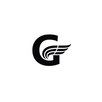 Black winged letter g on white background, symbolizing speed and aviation keywords: g, letter