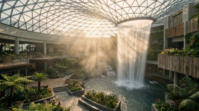 Cinematic Indoor Waterfall and Lush Tropical Garden Under a Futuristic Geodesic Glass Dome with Sunbeams