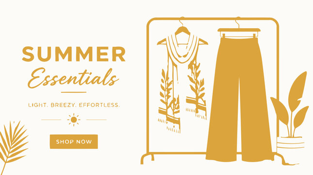 Summer Essentials graphic element with clothing and plants in a flat vector style