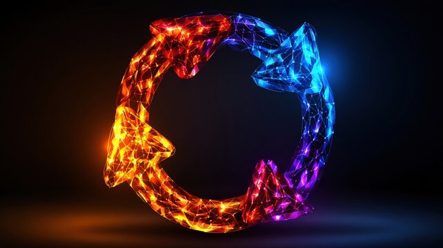 Recycle technology circular arrow loop glowing polygon on dark background eco concept with energy light for sustainability and renewal