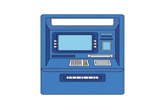 Blue ATM Cash Machine Illustration Front View Bank Terminal With Screen, Keypad And Card Slot