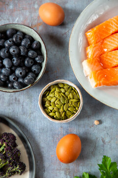 Seeds, berries, salmon, eggs.