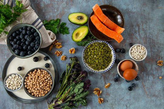 Healthy produce including oily fish and nuts and seeds.
