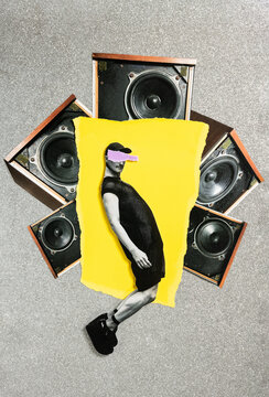 Analog collage Dancer in front of speakers