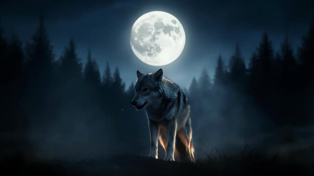 wolf howling with moonlight and a large full moon background, deep night blue tonight
