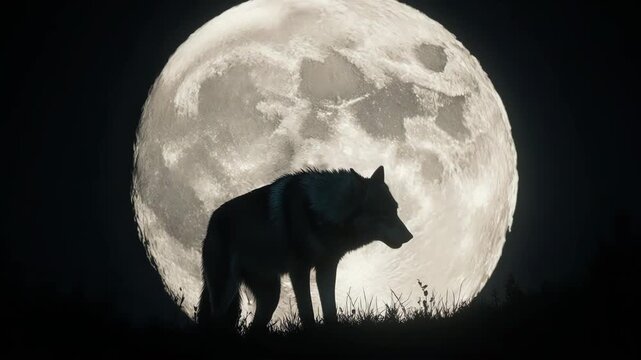 wolf howling with moonlight and a large full moon background, deep night blue tonight