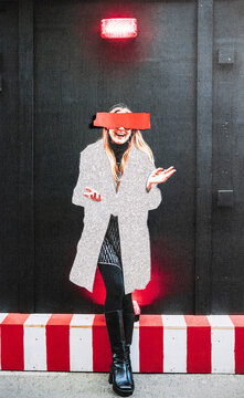 Analog collage Joyful woman with silver coat