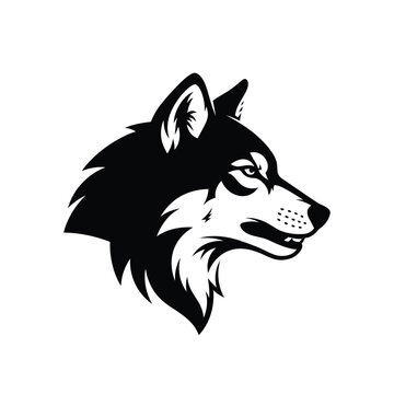 Fierce black and white wolf head silhouette on white background
