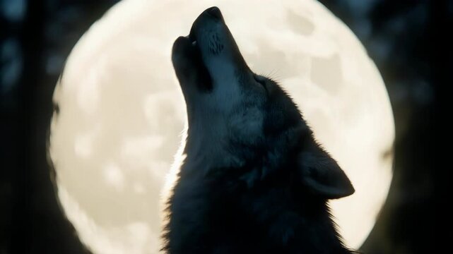 wolf howling with moonlight and a large full moon background, deep night blue tonight