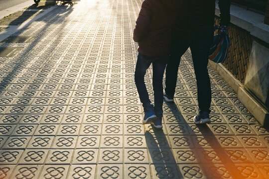 Sunset Walk on Patterned Sidewalk. Travel Barcelona, Film