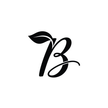 Black script letter b with a delicate leaf and vine accent on white background.keywords: letter