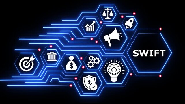 Swift technology animation with various business icons and digital network.