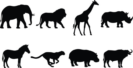 Set of African safari animal silhouettes including elephant lion giraffe rhinoceros zebra cheetah hippopotamus and buffalo isolated on white © SreePoreshChandra