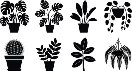 Set of black silhouette indoor house plant icons in flower pots including monstera cactus fern and succulents for interior decor © SreePoreshChandra