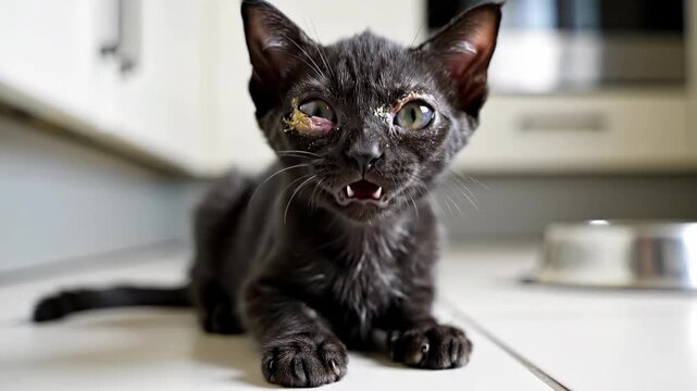 Black kitten with eye infection sitting on kitchen floor. Sick small cat needing veterinary care. Injured animal rescue concept, feline health issue awareness.