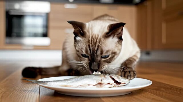 Siamese cat eating fish from white plate in domestic kitchen. Hungry animal enjoying fresh seafood meal on wooden floor. Pet feeding sequence for animal care.