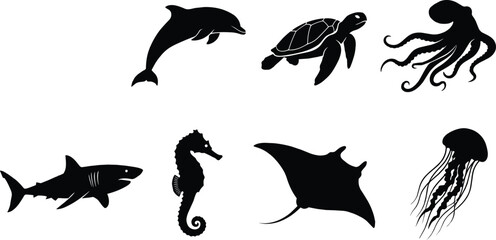 Set of marine animal silhouettes including dolphin shark turtle octopus seahorse and jellyfish isolated on white background vector illustration © SreePoreshChandra