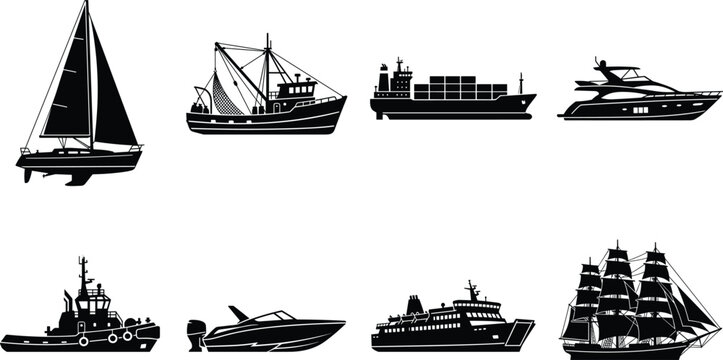 Set of ship and boat silhouettes including sailboat cargo ship fishing boat luxury yacht and ferry isolated on white background vector illustration