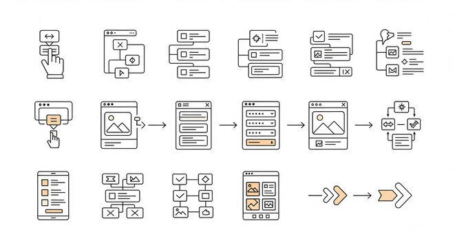 Ui Ux Design Process Workflow and Interactive Elements Set