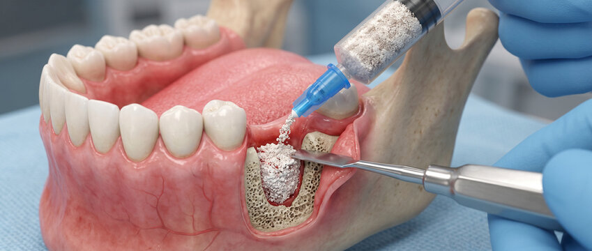 Dental Bone Grafting Procedure on Jaw Model with Syringe and Granular Material Placement for Implant Preparation