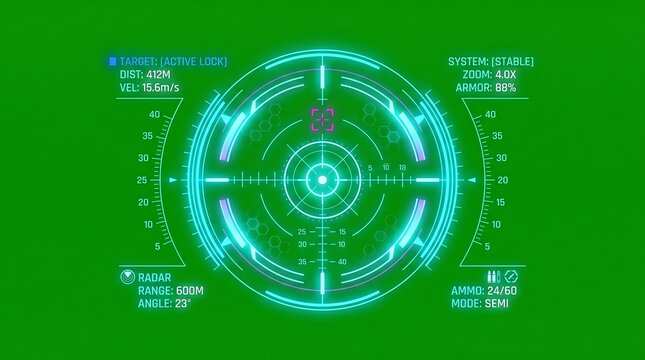 Digital target reticle with glowing concentric circles and data interface on dark background