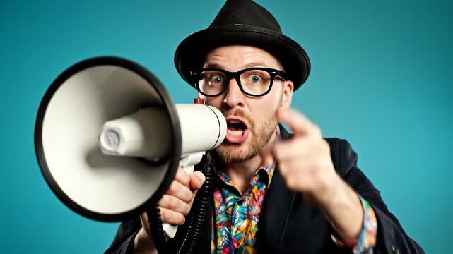 Surprised man in hat and glasses shouting into megaphone and pointing at camera over blue studio background