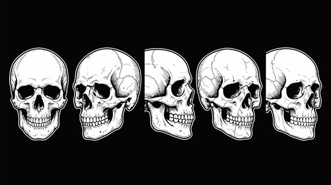 Hand Drawn Human Skull Anatomy Collection in Vintage Engraving Style &ndash; Detailed Gothic Skeleton Heads Line Art Vector Illustration