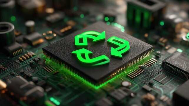 Recycle technology microchip circuit board electronics sustainability green energy recycling symbol computer chip motherboard recycling concept