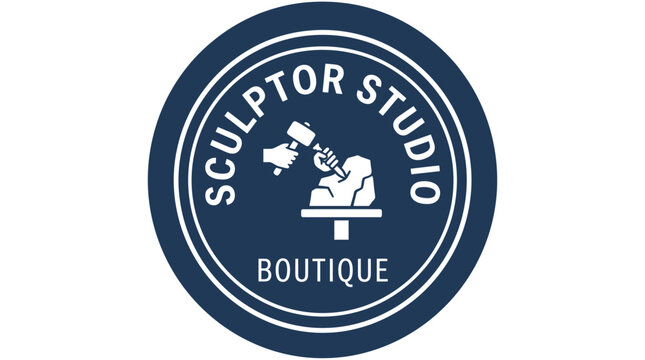 Sculptor Studio Boutique logo, minimalist circular emblem with chisel and stone carving