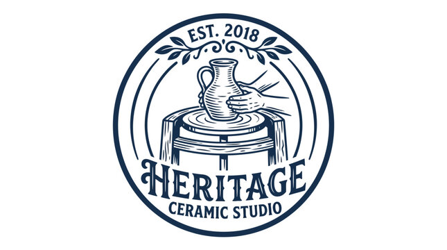 Handcrafted pottery logo with vintage engraving style, featuring a potter's wheel and ceramic jug.