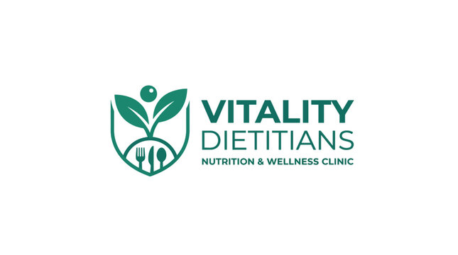 Vitality Dietitians nutrition and wellness clinic logo with shield, plant, fork and knife