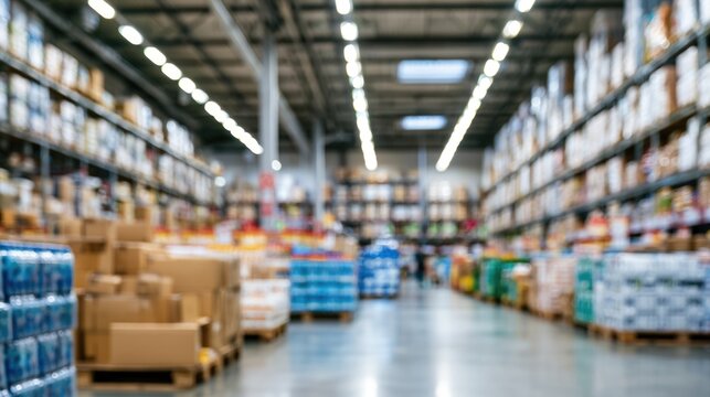 A large, well-lit warehouse aisle filled with stacked pallets and shelves holding various packaged goods.