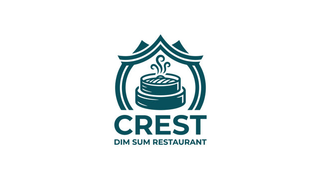 Vector logo for Crest Dim Sum Restaurant featuring a steaming bamboo basket emblem.