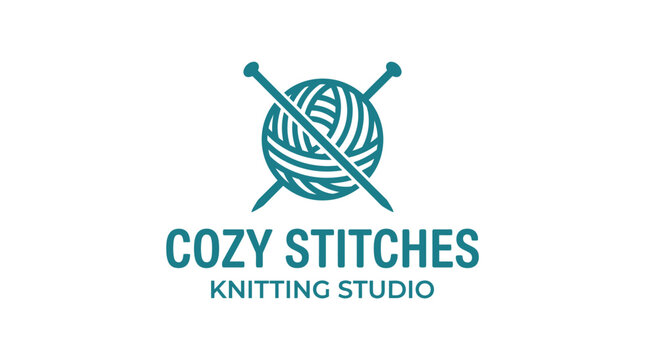 Knitting studio logo with yarn ball and needles, graphic element