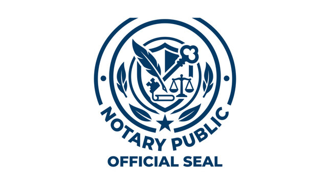 Official notary public seal with quill, scales of justice, and key vector graphic