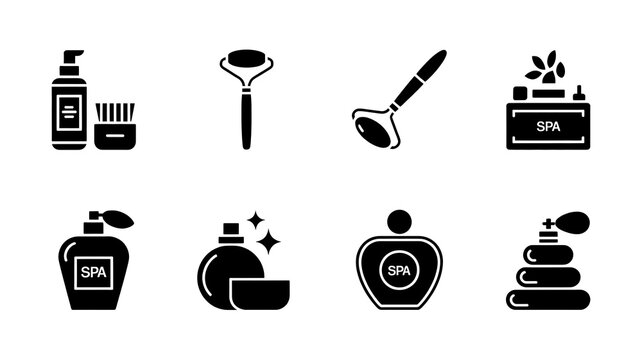 Set of black silhouette for spa and beauty treatments featuring skincare bottles, face rollers, massage stones, and perfume bottles