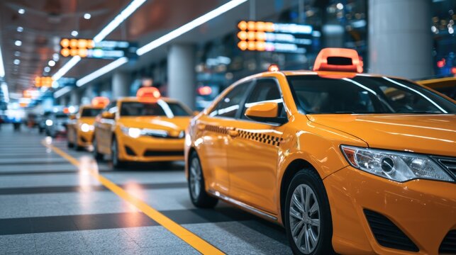 A row of yellow taxis lined up in an indoor terminal, ready for passengers in a busy urban setting.