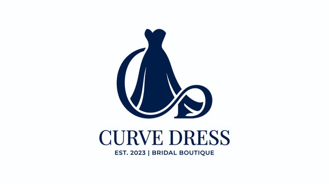 Elegant navy blue dress logo with infinity symbol and text for bridal boutique