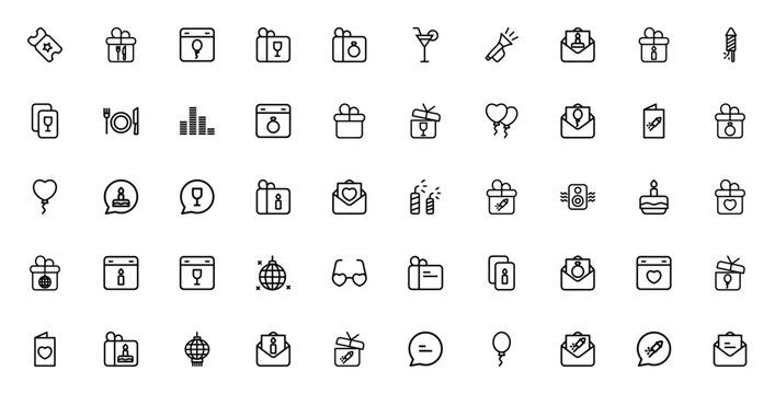 Celebration icon set. Minimalist line icons. Featuring ticket, gift, cocktail, firecracker, balloon, invitation, wedding, trumpet, speaker and more. Editable vector stroke.