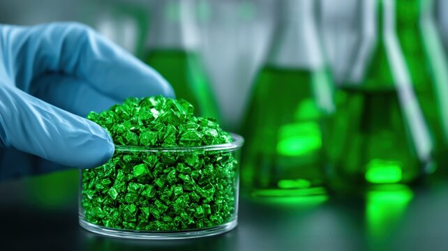 Recycle technology green plastic flake laboratory glove research
