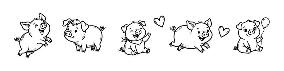 Adorable collection of happy and playful baby pigs in various poses, perfect for charming designs © matahari