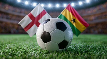 Naklejka premium Soccer ball on stadium grass between England vs Ghana national flags, international football match concept under dramatic stadium lights