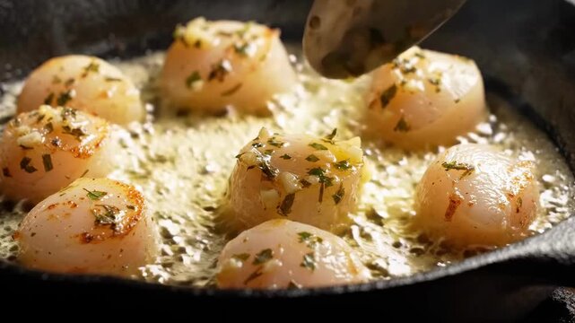 Searing scallops with garlic butter in cast iron pan