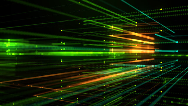 Abstract green digital data grid background featuring glowing light streams, futuristic perspective depth, network visualization, and advanced technology aesthetics.