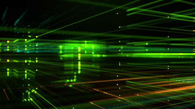 Futuristic green technology background displaying abstract network structures, glowing digital pathways, depth perspective, and immersive cyber communication visuals.